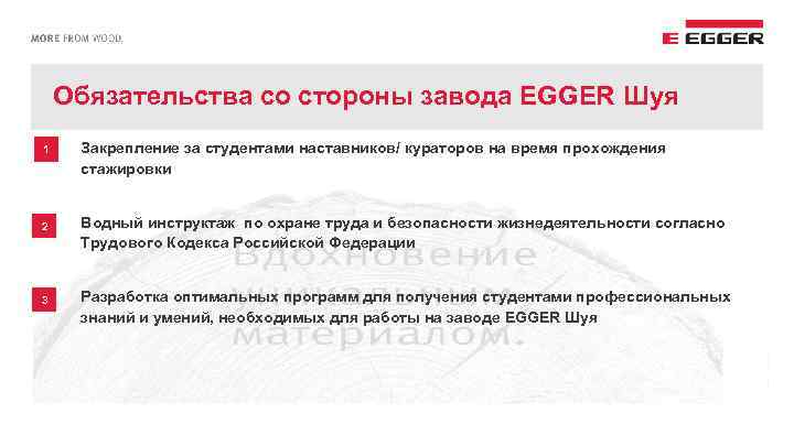 Обязательства со стороны завода EGGER Шуя 1 2 3 Закрепление за студентами наставников/ кураторов
