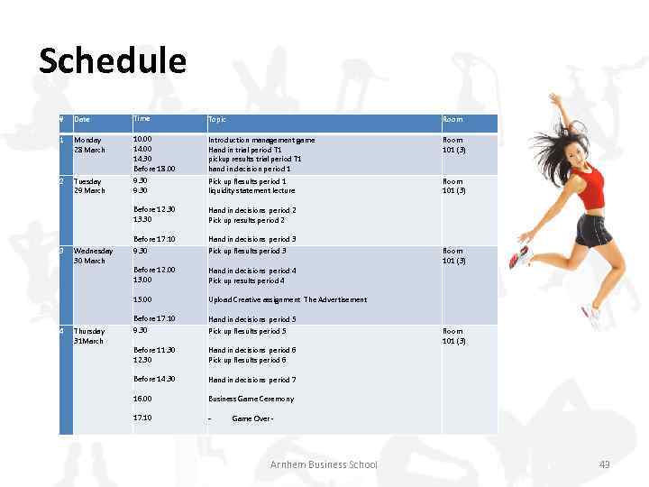 Schedule # Date Time Topic Room 1 Monday 28 March Tuesday 29 March 3