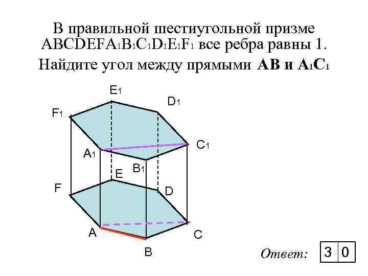 В правильной шестиугольной призме ABCDEFA 1 B 1 C 1 D 1 E 1