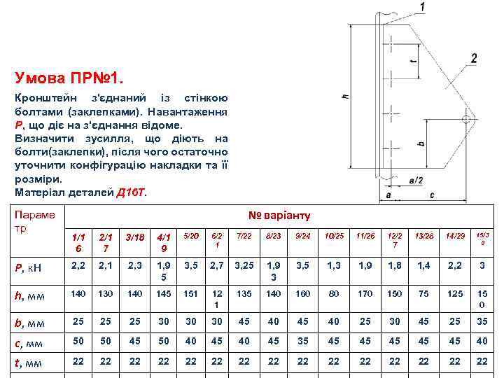 Умова ПР№ 1. Кронштейн з'єднаний із стінкою болтами (заклепками). Навантаження Р, що діє на