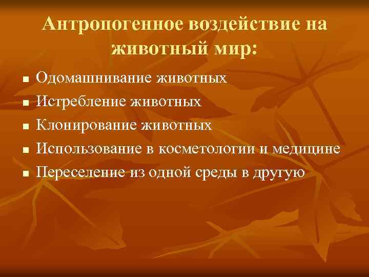 Антропогенное воздействие на животный мир: n n n Одомашнивание животных Истребление животных Клонирование животных