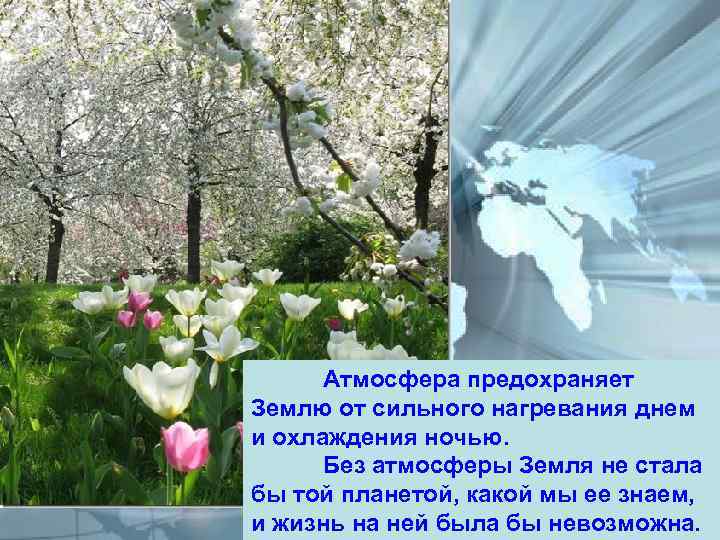 Атмосфера предохраняет Землю от сильного нагревания днем и охлаждения ночью. Без атмосферы Земля не