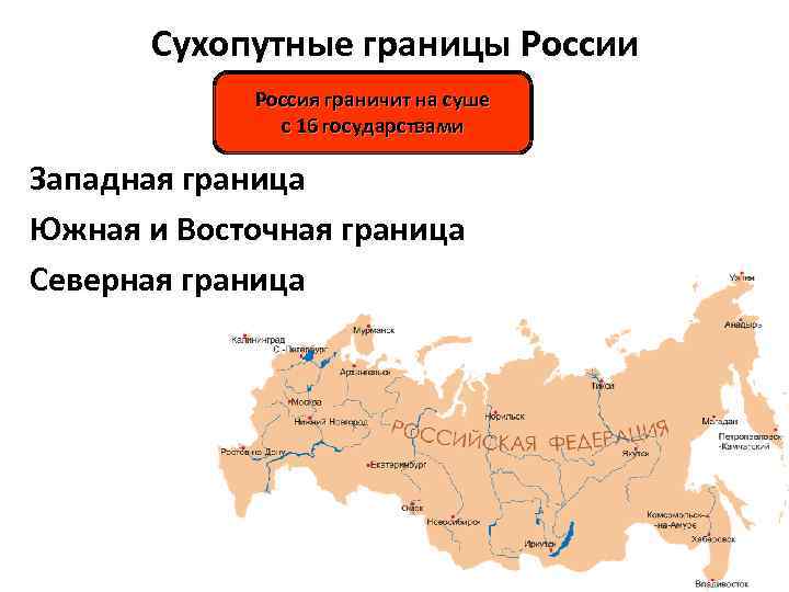 Сухопутные границы России Россия граничит на суше с 16 государствами Западная граница Южная и