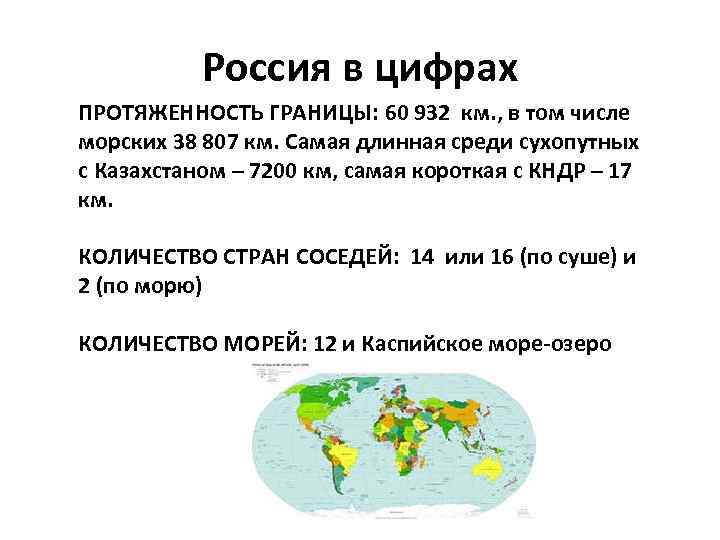 Россия в цифрах ПРОТЯЖЕННОСТЬ ГРАНИЦЫ: 60 932 км. , в том числе морских 38