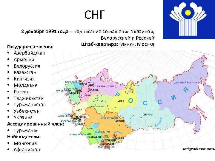 СНГ 8 декабря 1991 года – подписание соглашения Украиной, Белоруссией и Россией Штаб-квартира: Минск,