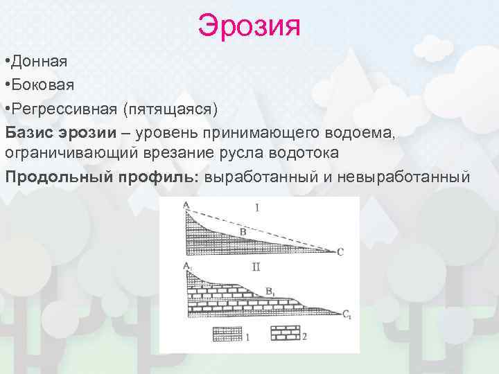 Эрозия • Донная • Боковая • Регрессивная (пятящаяся) Базис эрозии – уровень принимающего водоема,