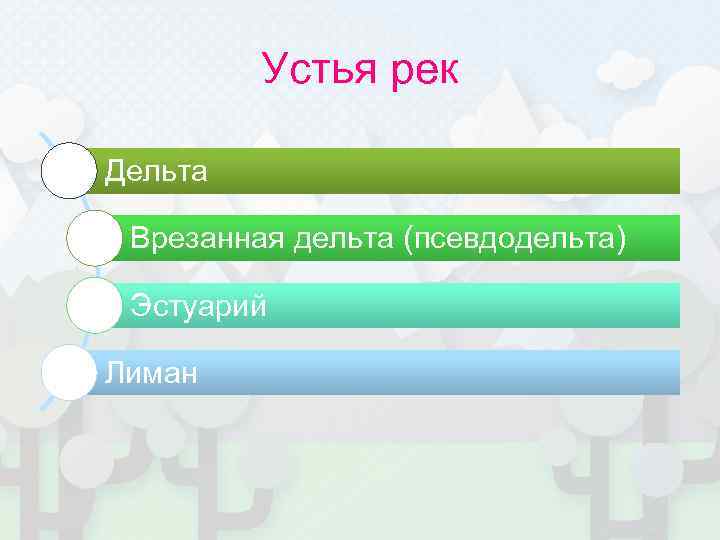 Устья рек Дельта Врезанная дельта (псевдодельта) Эстуарий Лиман 