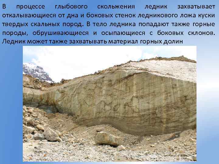 В процессе глыбового скольжения ледник захватывает откалывающиеся от дна и боковых стенок ледникового ложа