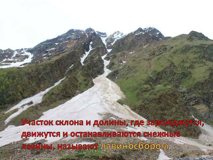 Участок склона и долины, где зарождаются, движутся и останавливаются снежные лавины, называют лавиносбором 