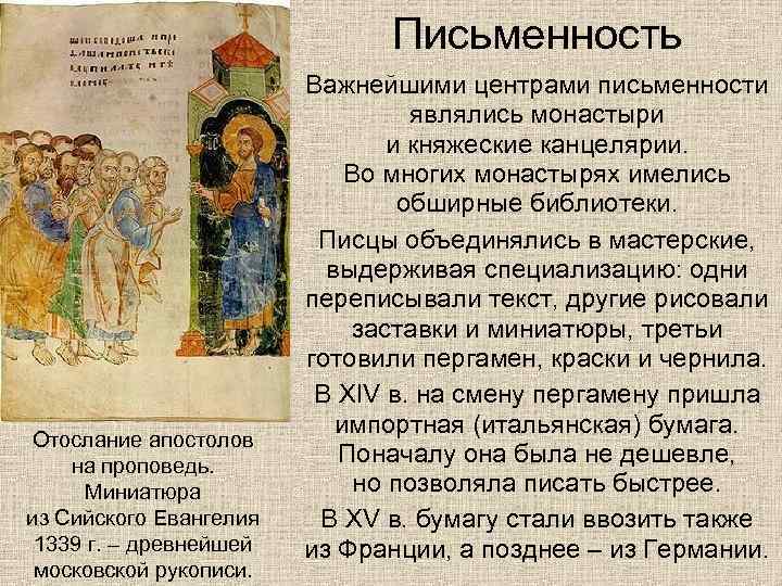 Письменность Отослание апостолов на проповедь. Миниатюра из Сийского Евангелия 1339 г. – древнейшей московской