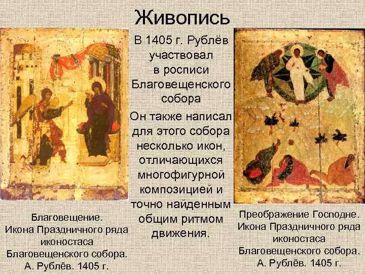 Живопись В 1405 г. Рублёв участвовал в росписи Благовещенского собора Он также написал для