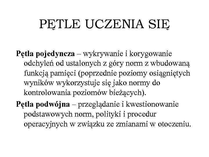 PĘTLE UCZENIA SIĘ Pętla pojedyncza – wykrywanie i korygowanie odchyleń od ustalonych z góry