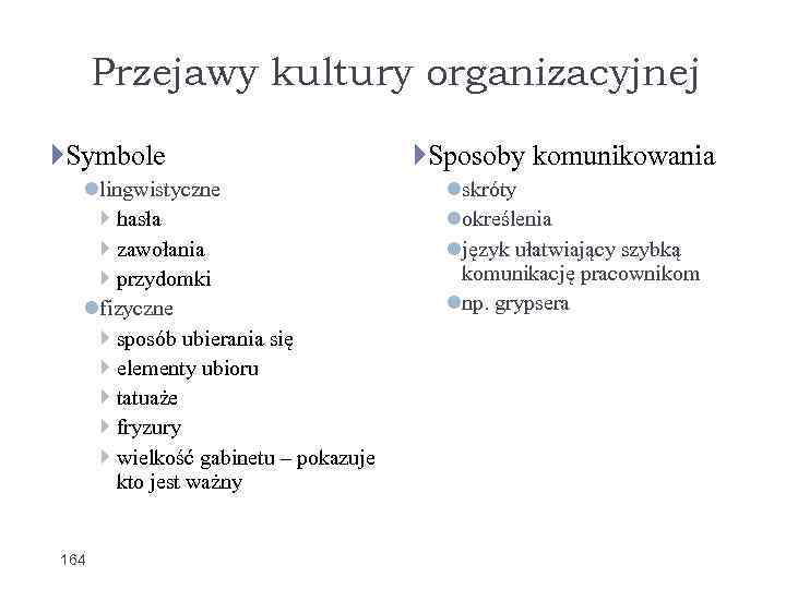 Przejawy kultury organizacyjnej Symbole lingwistyczne hasła zawołania przydomki fizyczne sposób ubierania się elementy ubioru
