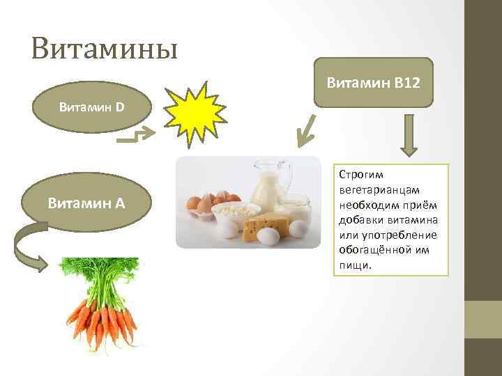 Витамины Витамин B 12 Витамин D Витамин А Строгим вегетарианцам необходим приём добавки витамина