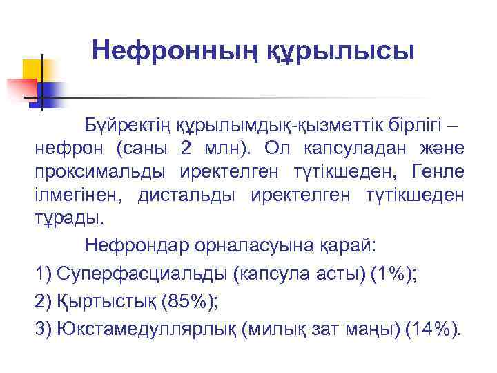 Нефронның құрылысы Бүйректің құрылымдық-қызметтік бірлігі – нефрон (саны 2 млн). Ол капсуладан және проксимальды