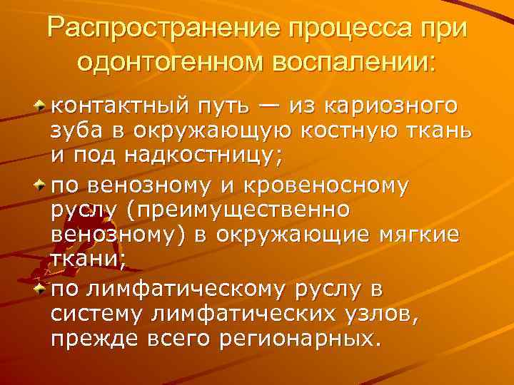 Распространение процесса при одонтогенном воспалении: контактный путь — из кариозного зуба в окружающую костную