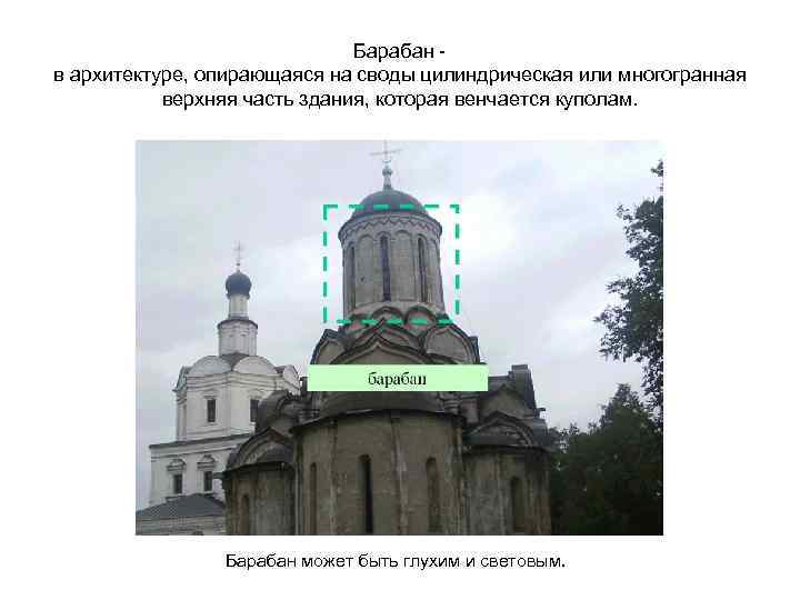 Барабан - в архитектуре, опирающаяся на своды цилиндрическая или многогранная верхняя часть здания, которая