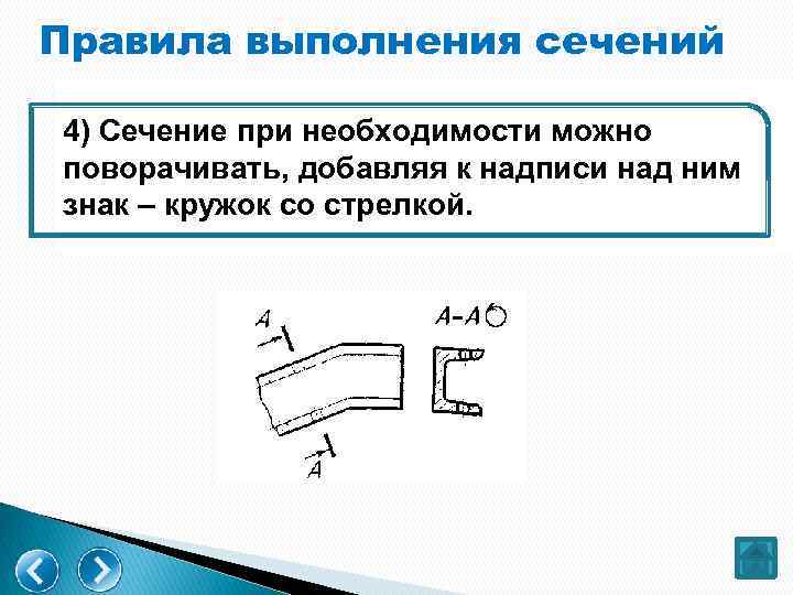 Правила выполнения сечений 4) Сечение при необходимости можно поворачивать, добавляя к надписи над ним