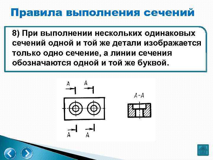 Правила выполнения сечений 8) При выполнении нескольких одинаковых сечений одной и той же детали