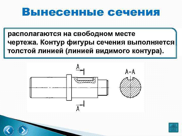 Вынесенные сечения располагаются на свободном месте чертежа. Контур фигуры сечения выполняется толстой линией (линией