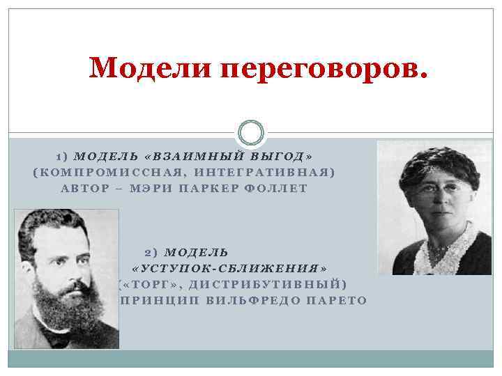 Модели переговоров. 1) МОДЕЛЬ «ВЗАИМНЫЙ ВЫГОД» (КОМПРОМИССНАЯ, ИНТЕГРАТИВНАЯ) АВТОР – МЭРИ ПАРКЕР ФОЛЛЕТ 2)