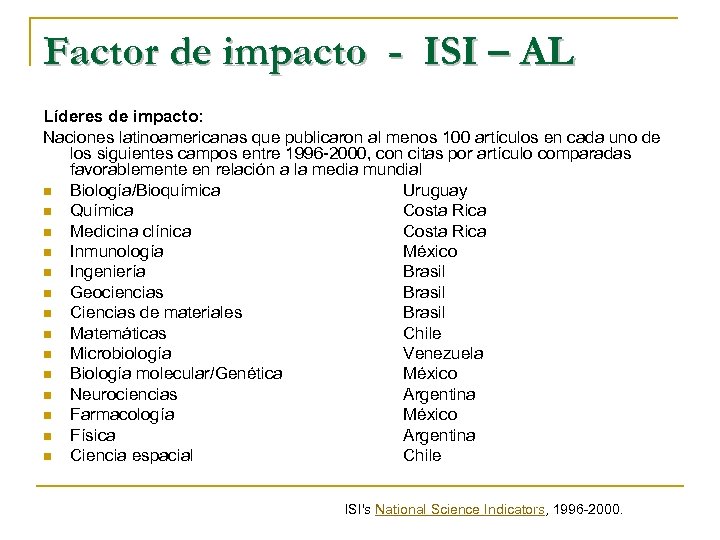 Factor de impacto - ISI – AL Líderes de impacto: Naciones latinoamericanas que publicaron