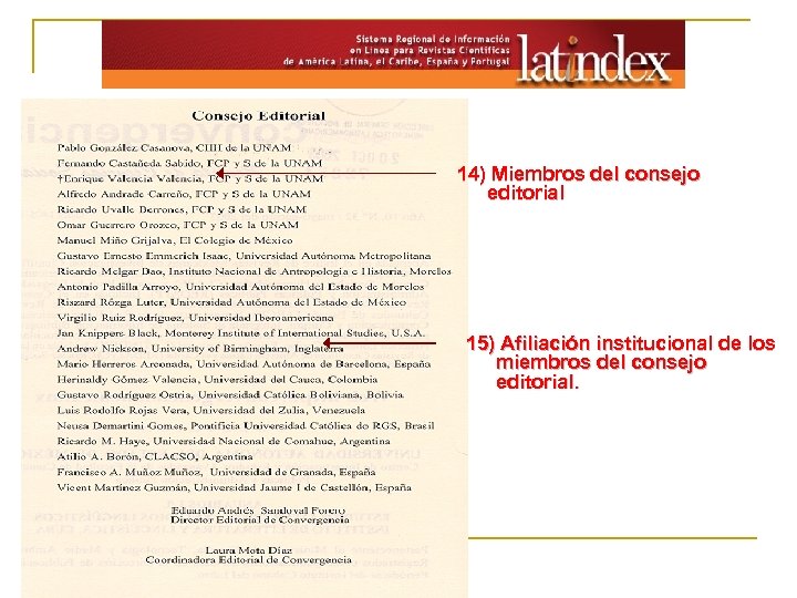 14) Miembros del consejo editorial 15) Afiliación institucional de los miembros del consejo editorial.