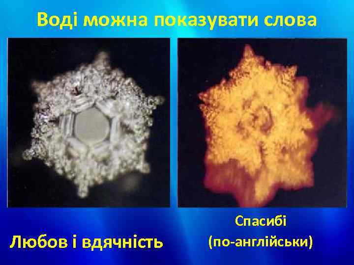 Воді можна показувати слова Любов і вдячність Спасибі (по-англійськи) 