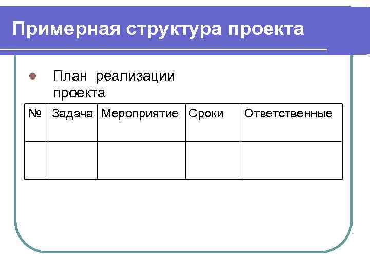 Примерная структура проекта l План реализации проекта № Задача Мероприятие Сроки Ответственные 