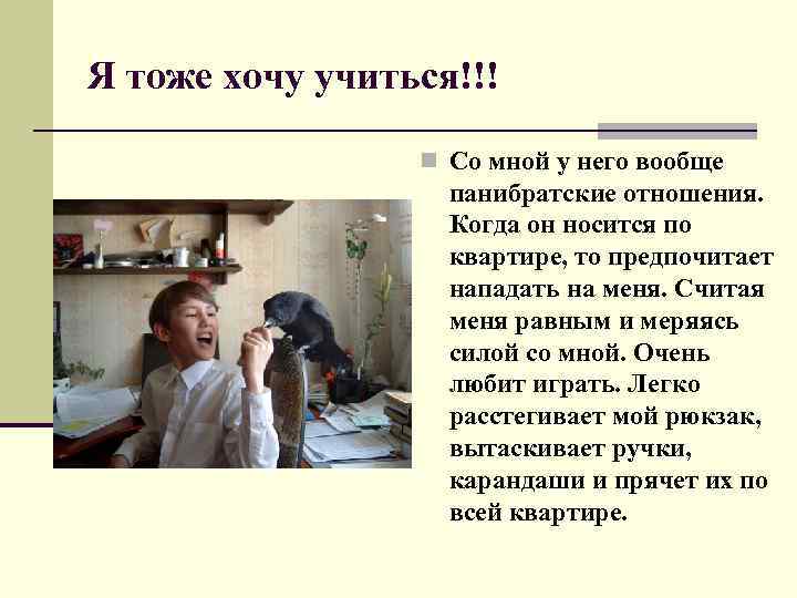 Я тоже хочу учиться!!! n Со мной у него вообще панибратские отношения. Когда он