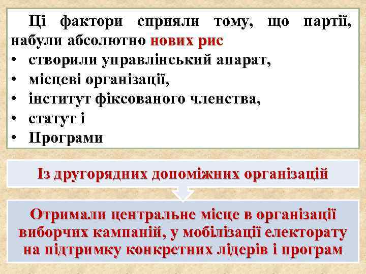 Ці фактори сприяли тому, що партії, набули абсолютно нових рис • створили управлінський апарат,