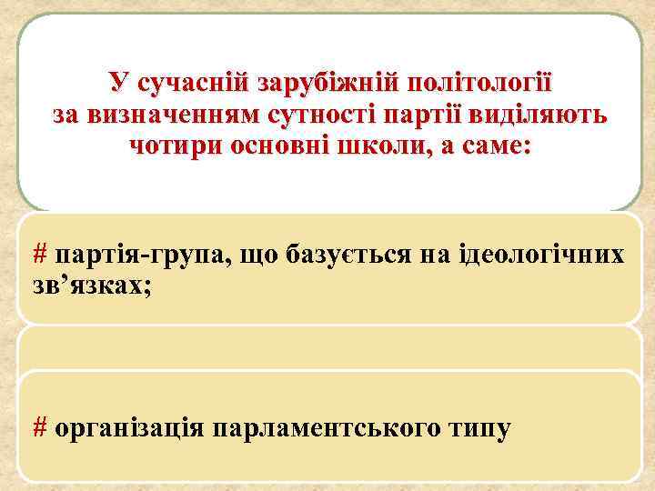 У сучасній зарубіжній політології за визначенням сутності партії виділяють чотири основні школи, а саме: