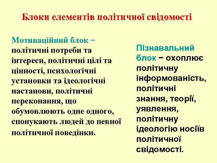 Блоки елементів політичної свідомості Мотиваційний блок − політичні потреби та інтереси, політичні цілі та