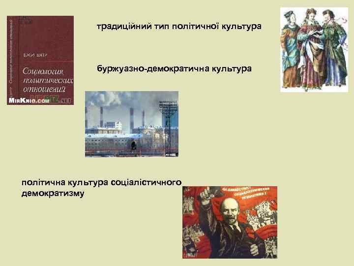 традиційний тип політичної культура буржуазно-демократична культура політична культура соціалістичного демократизму 