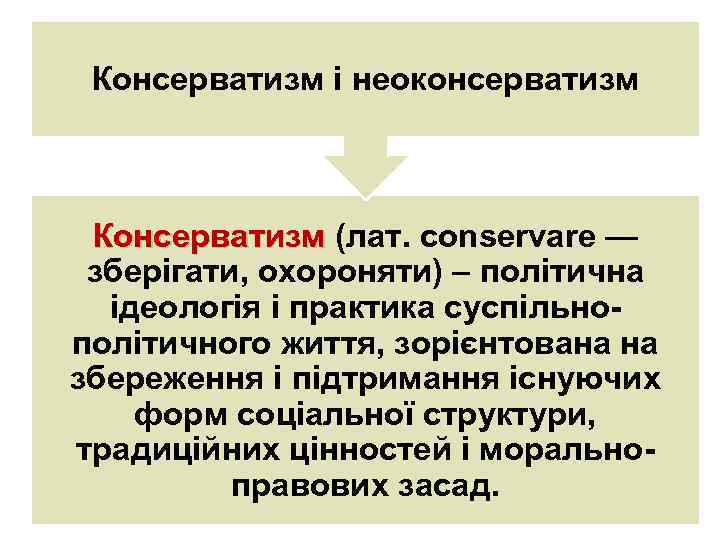 Консерватизм і неоконсерватизм Консерватизм (лат. conservare — зберігати, охороняти) – політична ідеологія і практика