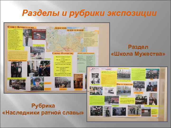 Разделы и рубрики экспозиции Раздел «Школа Мужества» Рубрика «Наследники ратной славы» 