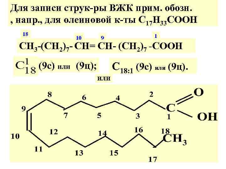 Для записи струк-ры ВЖК прим. обозн. , напр. , для олеиновой к-ты С 17