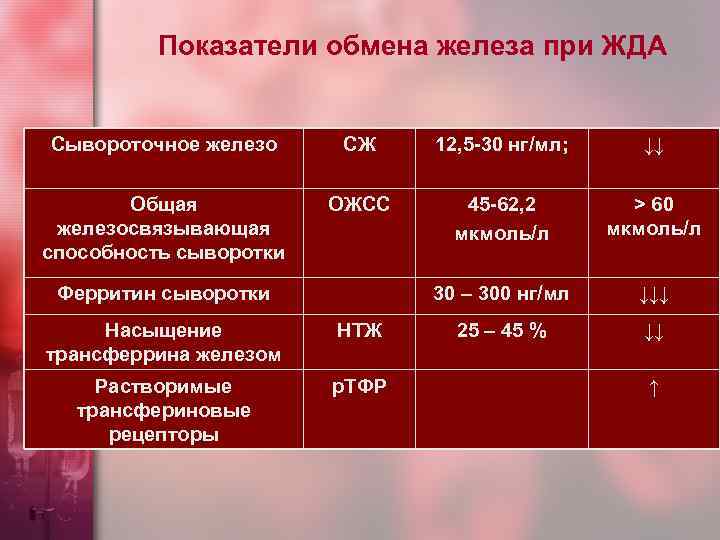 Показатели обмена железа при ЖДА Сывороточное железо СЖ 12, 5 -30 нг/мл; ↓↓ Общая