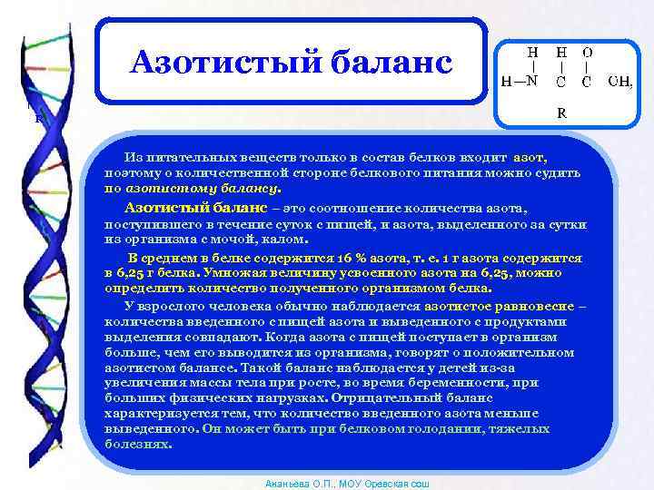 Азотистый баланс R Из питательных веществ только в состав белков входит азот, поэтому о