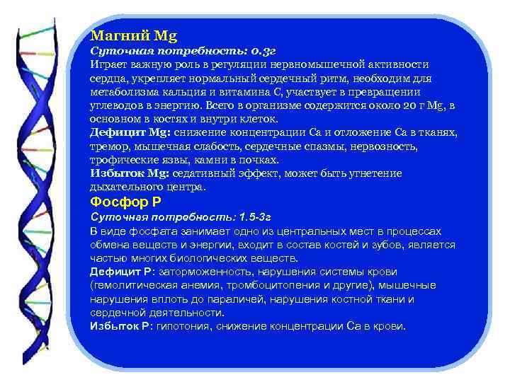 Магний Mg Суточная потребность: 0. 3 г Играет важную роль в регуляции нервномышечной активности