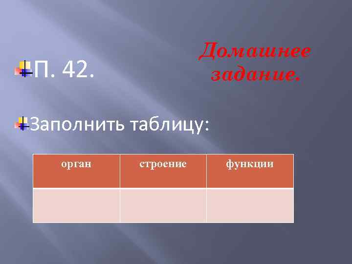 Домашнее задание. П. 42. Заполнить таблицу: орган строение функции 