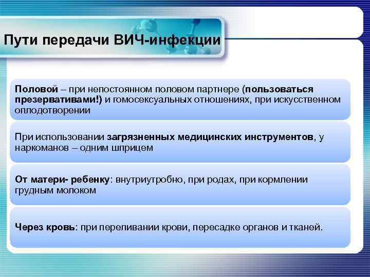 Пути передачи ВИЧ-инфекции Половой – при непостоянном половом партнере (пользоваться презервативами!) и гомосексуальных отношениях,