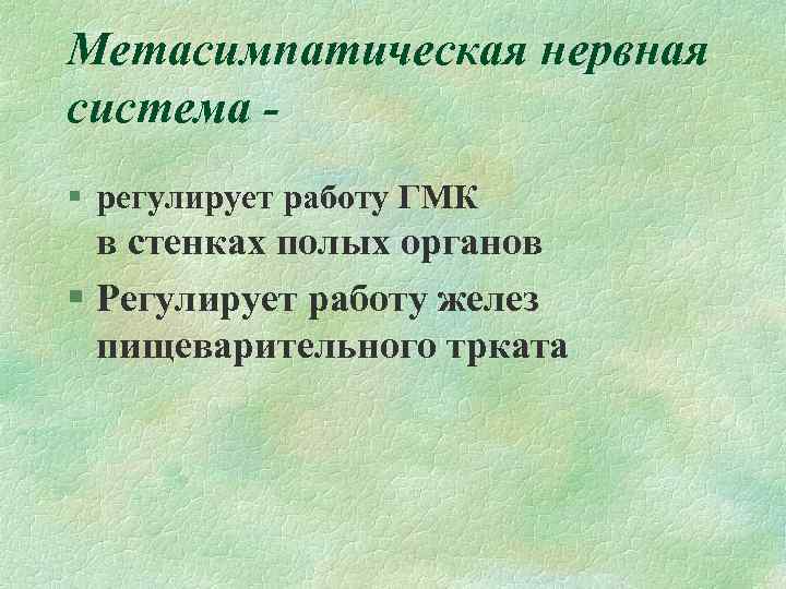 Метасимпатическая нервная система § регулирует работу ГМК в стенках полых органов § Регулирует работу
