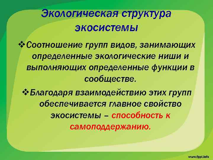 Экологическая структура экосистемы v. Соотношение групп видов, занимающих определенные экологические ниши и выполняющих определенные