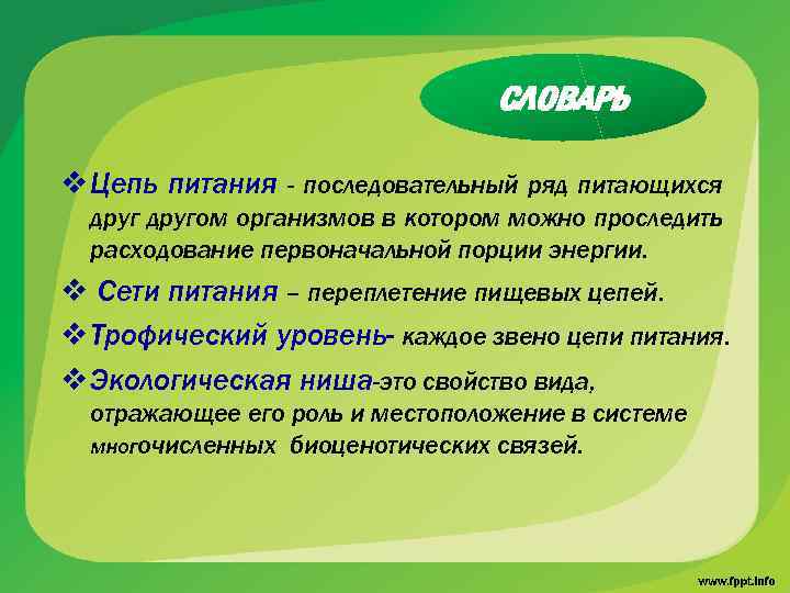 СЛОВАРЬ v Цепь питания - последовательный ряд питающихся другом организмов в котором можно проследить