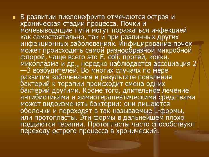 n В развитии пиелонефрита отмечаются острая и хроническая стадии процесса. Почки и мочевыводящие пути