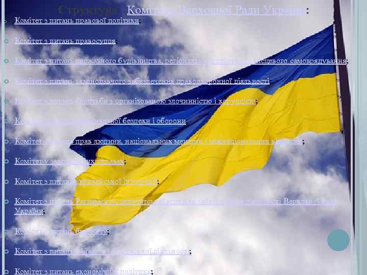 Структура Комітети Верховної Ради України: o Комітет з питань правової політики; Комітет з питань