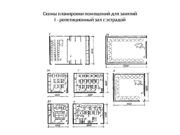 Схемы планировки помещений для занятий I - репетиционный зал с эстрадой 