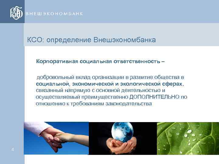 КСО: определение Внешэкономбанка Корпоративная социальная ответственность – добровольный вклад организации в развитие общества в