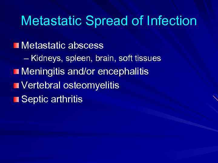 Metastatic Spread of Infection Metastatic abscess – Kidneys, spleen, brain, soft tissues Meningitis and/or